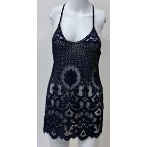 In Bloom By Jonquil 2 Piece Lace Lingerie Set Chemise & Thong Size XS Navy